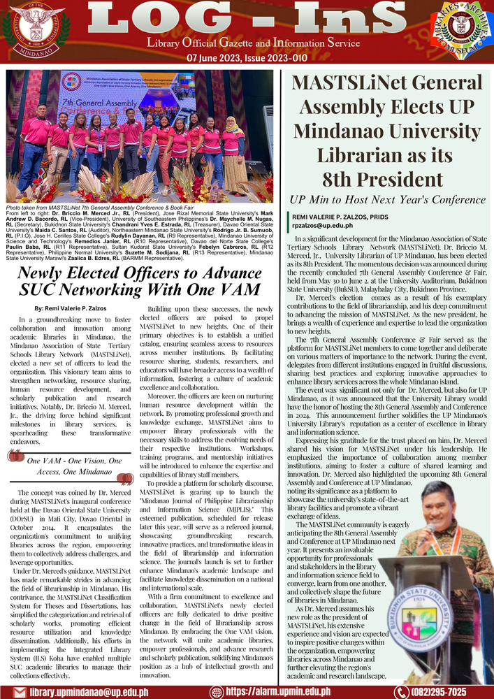 MASTSLiNet General Assembly Elects UP Mindanao University Librarian as its 8th President