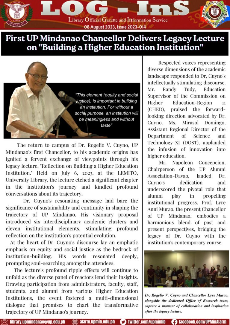 First UP Mindanao Chancellor Delivers Legacy Lecture on “Building a Higher Education Institution”